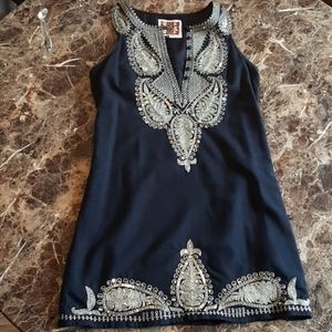 Free People Mini Shift Dress with Gold Embroidery